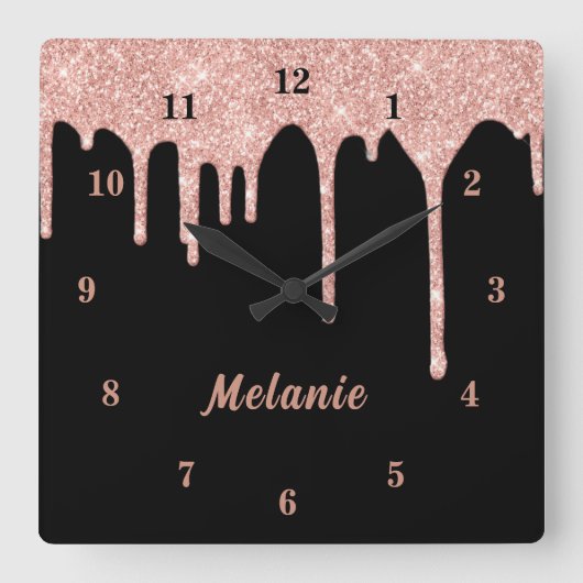 Roos Gold Sparkly Drips Black Clock Aangepaste Naa Vierkante Klok (Voorkant)