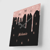 Roos Gold Sparkly Drips Black Clock Aangepaste Naa Vierkante Klok (Hoek)