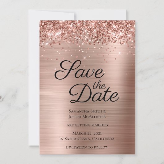 Roos Gold Sparkly Glitter en Ombre Folie Save The Date (Voorkant)