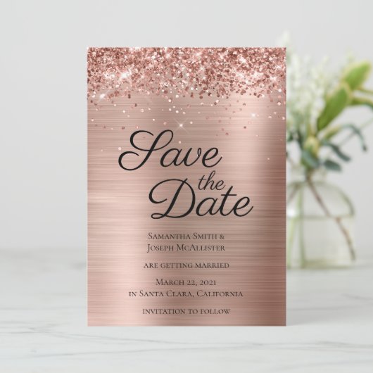 Roos Gold Sparkly Glitter en Ombre Folie Save The Date (Staand voorkant)
