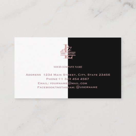 Roos Gold Split Aangepaste Monogram Letter L M N O Visitekaartje (Achterkant)