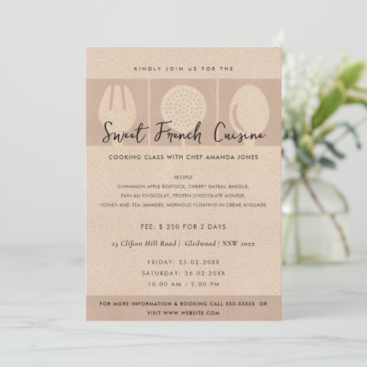 ROOS GOLD SPOON FORK COOKERY CLASS INVITE SJABLOON KAART (Staand voorkant)