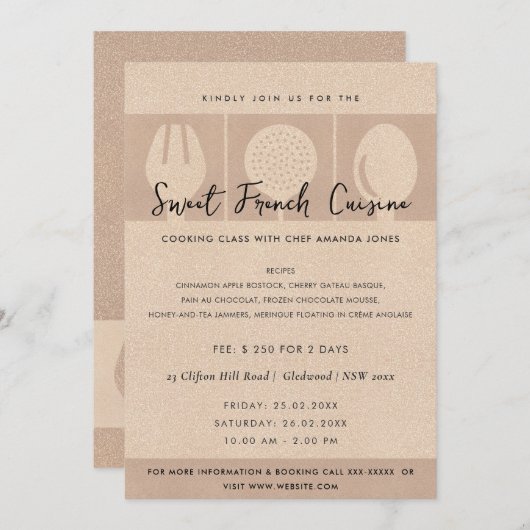 ROOS GOLD SPOON FORK COOKERY CLASS INVITE SJABLOON KAART (Voorkant / Achterkant)