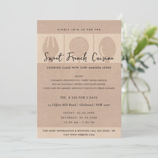 ROOS GOLD SPOON FORK COOKERY CLASS INVITE SJABLOON KAART (Staand voorkant)
