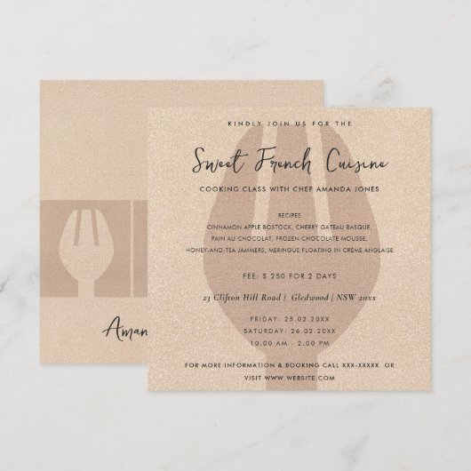 ROOS GOLD SPOON FORK COOKING CLASS INVITE SJABLOON KAART (Voorkant / Achterkant)
