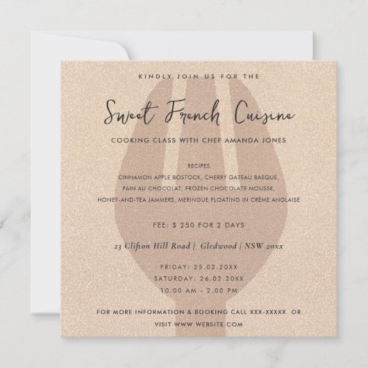 ROOS GOLD SPOON FORK COOKING CLASS INVITE SJABLOON KAART (Voorkant)