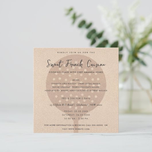 ROOS GOLD SPOON FORK COOKING CLASS INVITE SJABLOON KAART (Staand voorkant)