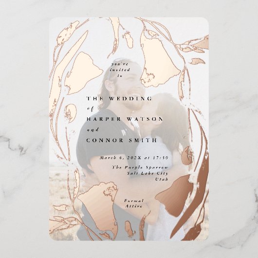 Roos Gold Spring Boho Wildflower Huwelijksfoto Folie Uitnodiging (Voorkant)