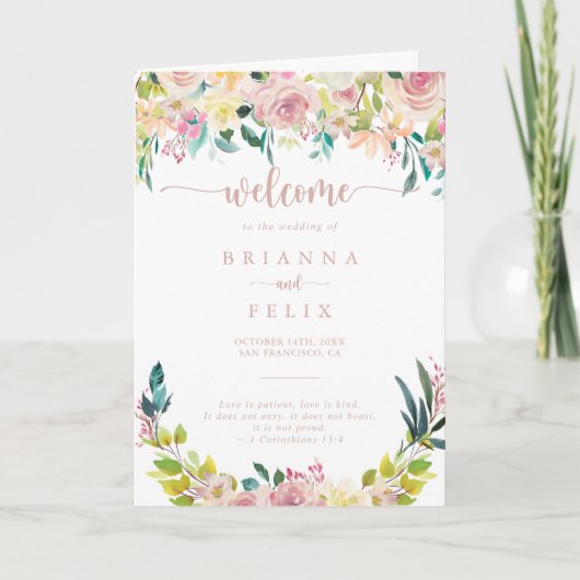 Roos Gold Spring Floral Folded Wedding Programma (Voorkant)