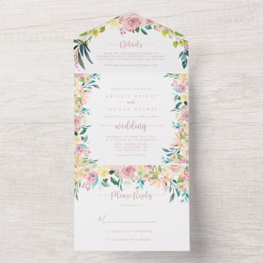Roos Gold Spring Floral Wedding All In One Uitnodiging (Binnen)