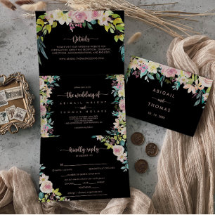 Roos Gold Spring Floral Wedding Drieluik Uitnodiging