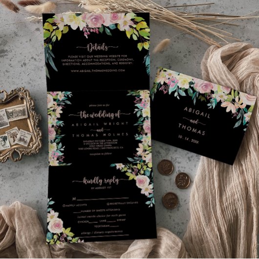 Roos Gold Spring Floral Wedding Drieluik Uitnodiging