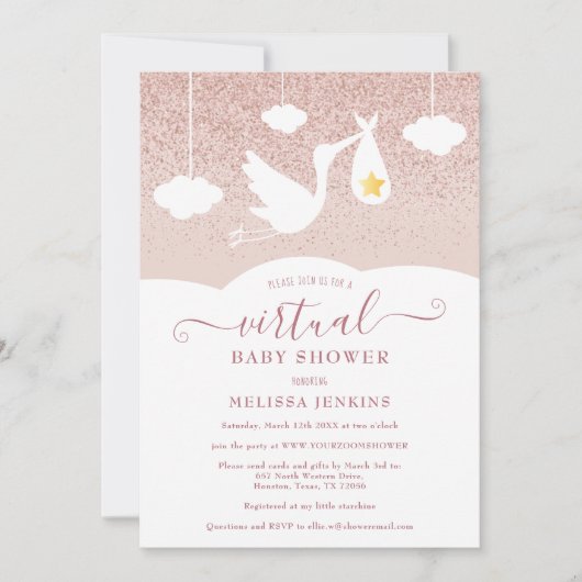 Roos Gold Star-winkel Glitter Virtual Baby shower Kaart (Voorkant)