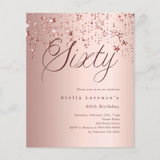 Roos Gold Stars Budget 60e verjaardagsuitnodiging (Voorkant)