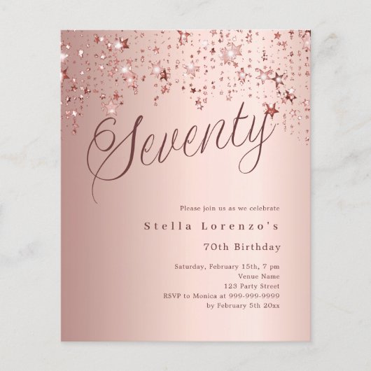 Roos Gold Stars budget 70e verjaardagsuitnodiging (Voorkant)