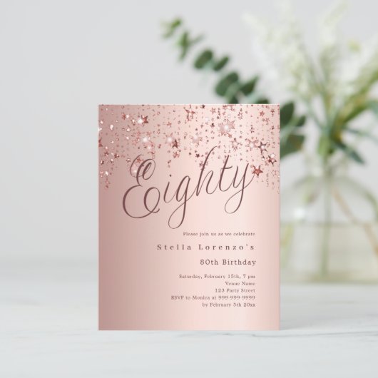 Roos Gold Stars Budget 80e verjaardagsuitnodiging (Staand voorkant)