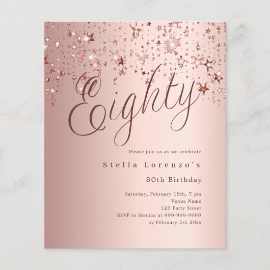 Roos Gold Stars Budget 80e verjaardagsuitnodiging (Voorkant)