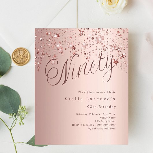 Roos Gold Stars Budget 90e verjaardagsuitnodiging
