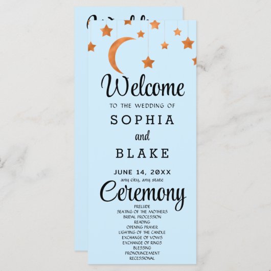 Roos Gold Stars Crescent Moon Blue Trouwprogramma (Voorkant / Achterkant)