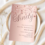 Roos Gold Stars Script Luxury 90th Birthday Kaart<br><div class="desc">Een moderne,  stijlvolle uitnodiging voor een 90ste verjaardagsfeestje. Roos gouden gradiënt achtergrond en het woord negentig geschreven met elegante grote scriptletters in donker roos goud. Versierd met rozen gouden sterren. Personaliseer en voeg een naam en feestdetails toe.</div>