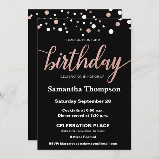 Roos Gold, Stippen, Birthday Script op zwart, eleg Kaart (Voorkant / Achterkant)