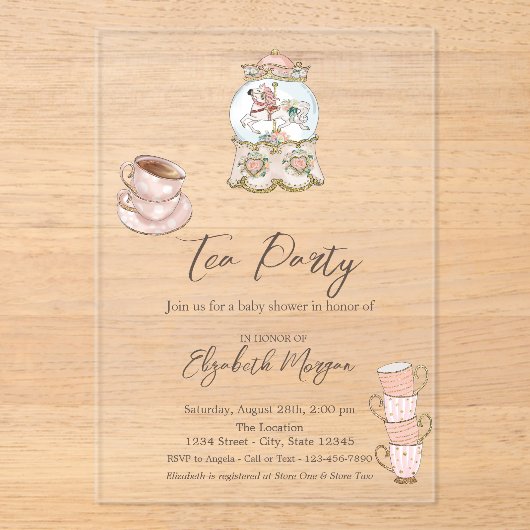 Roos Gold Stippen Tea Party Baby shower Acryl Uitnodigingen (Voorkant)