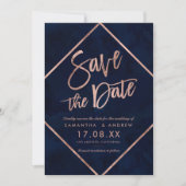Roos gold strepen marvy blue bruiloft met uitzonde save the date (Voorkant)