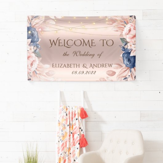 Roos Gold String Lights Blue Rozen Weddenschap Spandoek (Insitu)