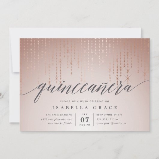 Roos Gold String Lights Quinceanera Uitnodiging (Voorkant)