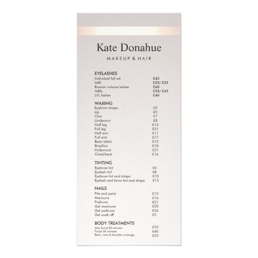 Roos Gold Stripe Taupe Salon Price List Menu (Voorkant)