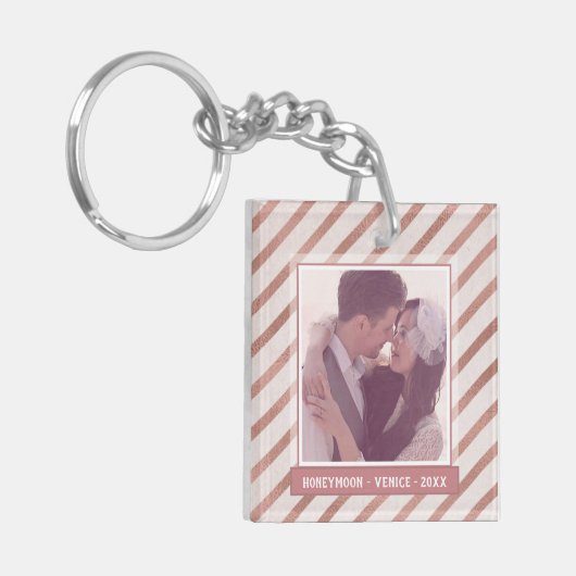 Roos Gold Striped Elegant Custom Photo and Text Sleutelhanger (Voorkant Links)