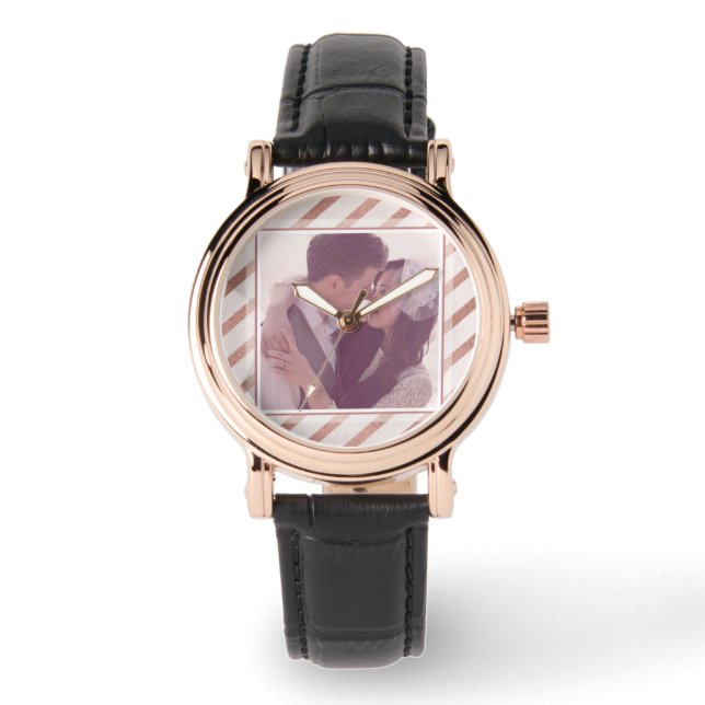 Roos Gold Striped Elegant Custom Photo Horloge (Voorkant)
