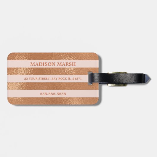 Roos Gold Striped Monogram Name Floral Bagagelabel (Achterkant horizontaal)