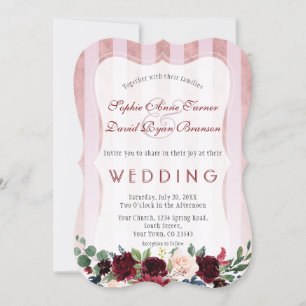 Roos Gold Stripes Bourgogne Blush Flowers Wedding Kaart
