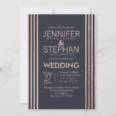 Roos Gold Stripes en Navy Blue Wedding Invitation Kaart (Voorkant)