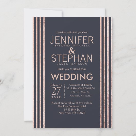 Roos Gold Stripes en Navy Blue Wedding Invitation Kaart (Voorkant)