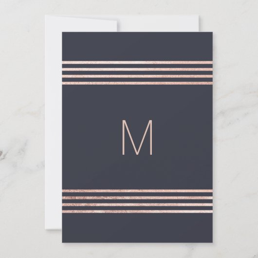 Roos Gold Stripes en Navy Blue Wedding Invitation Kaart (Achterkant)
