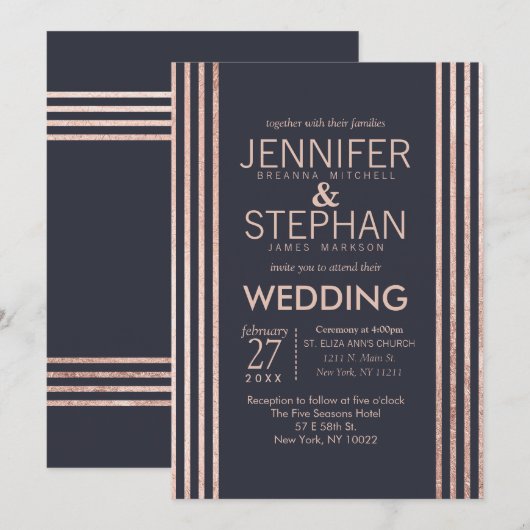 Roos Gold Stripes en Navy Blue Wedding Invitation Kaart (Voorkant / Achterkant)
