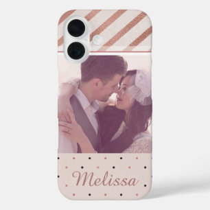 Roos Gold Stripes en Stippen Elegant Custom Photo iPhone 16 Hoesje