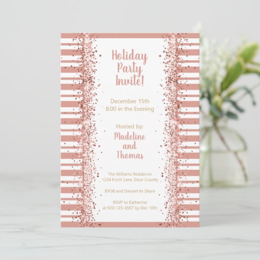 Roos Gold Stripes Glitter Holiday Party Kaart (Staand voorkant)