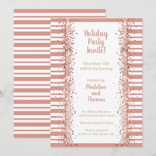 Roos Gold Stripes Glitter Holiday Party Kaart (Voorkant / Achterkant)