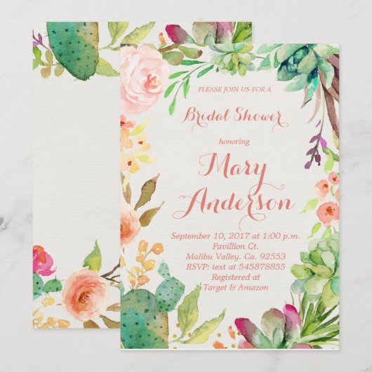 Roos Gold Succulent Floral Cactus Invitation Kaart (Voorkant / Achterkant)