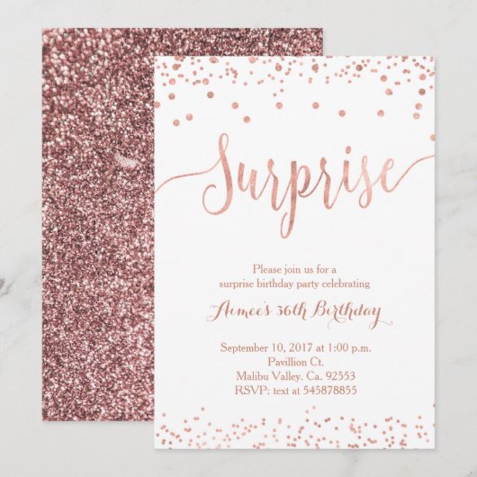 Roos Gold Surprise Birthday Invitation Kaart (Voorkant / Achterkant)