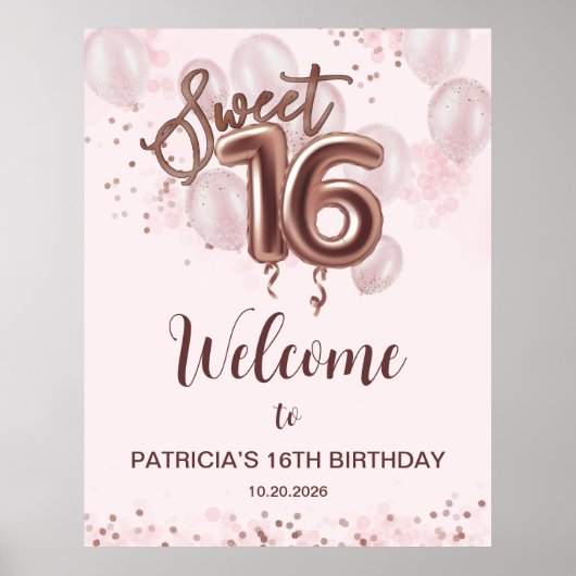 Roos Gold Sweet 16 bday-ballonnen Roos Welkomsttek Poster (Voorkant)
