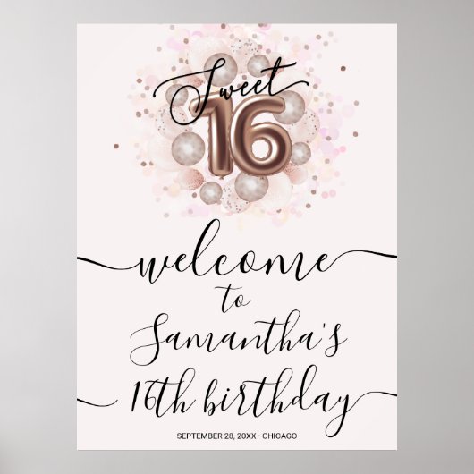 Roos Gold Sweet 16 bday-ballonnen Roze Welkomsttek Poster (Voorkant)
