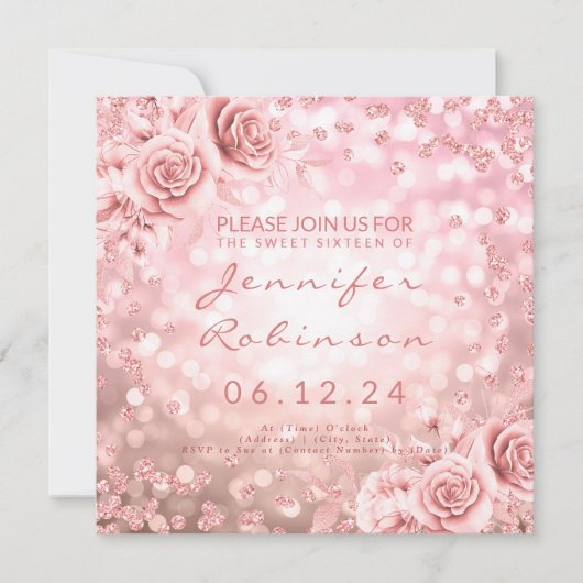 Roos Gold Sweet 16 Birthday Glitter Lights Floral Kaart (Voorkant)