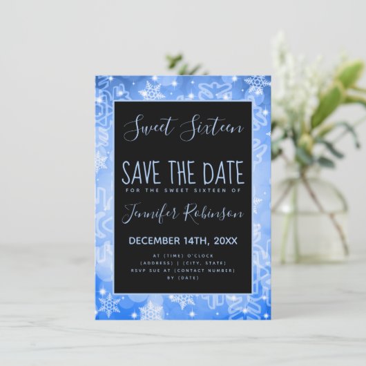 Roos Gold Sweet 16 Birthday Winter Sparkles Save The Date (Staand voorkant)