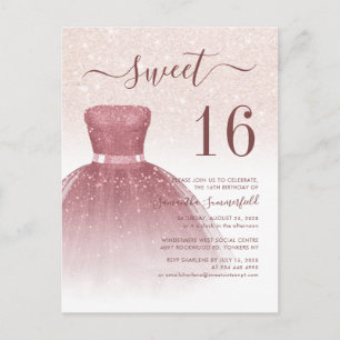 Roos Gold Sweet 16 Moderne Glitter Drips Script Uitnodiging Briefkaart