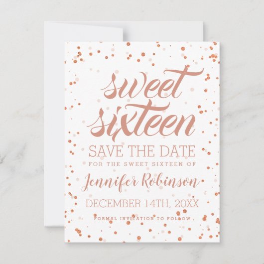Roos Gold Sweet 16 Opslagdatum Sparkle Confetti Save The Date (Voorkant)
