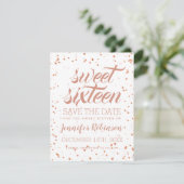 Roos Gold Sweet 16 Opslagdatum Sparkle Confetti Save The Date (Staand voorkant)